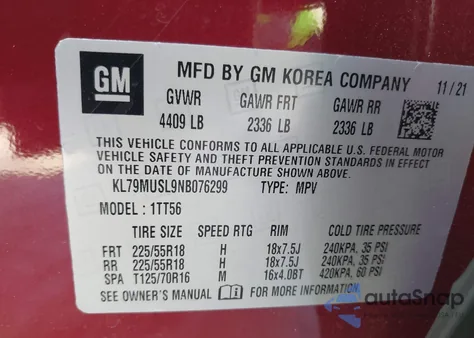 2022 Chevrolet Trailblazer Awd Rs из США, поврежденный, VIN KL79MUSL9NB076299